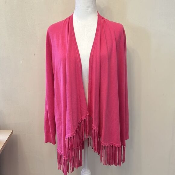 Chelsea & Theodore hot pink open draped cardigan with fringe Size M EUC - Picture 2 of 8